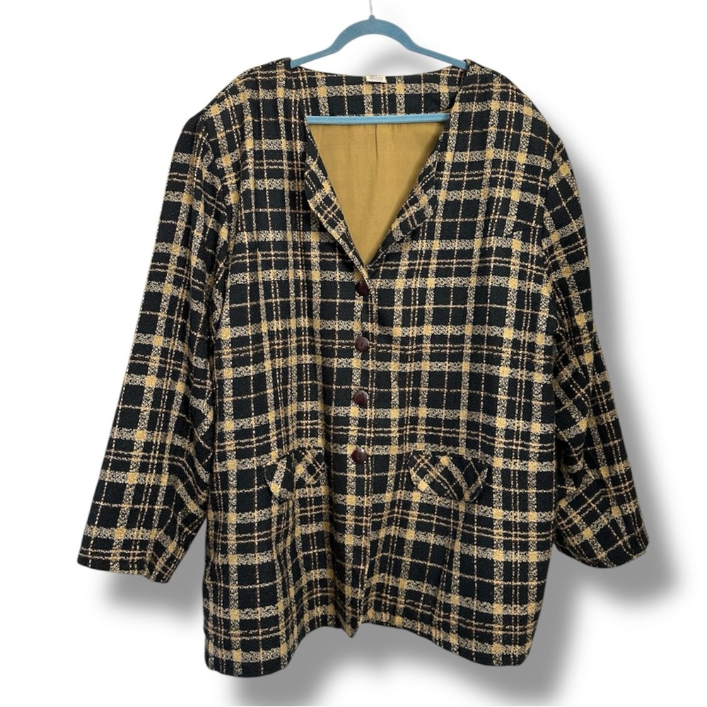 Vintage 90s Erika Brooke Black & Tan Plaid Blazer Women’s Plus Size 26 Academia